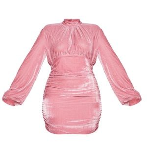 Velvet High Neck Ruched Balloon Sleeve Bodycon Dress